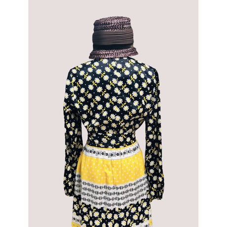 60s Black × Yellow floral maxi dress【00590】