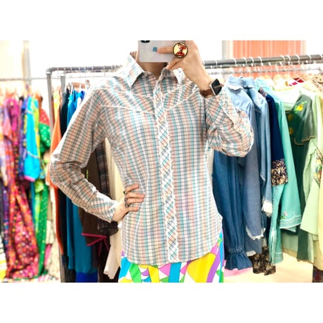 Vintage pink plaid blouse【00898】