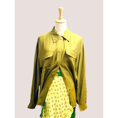 80s Green rayon blouse【00427】