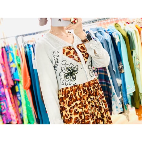 80s indian rayon leopard dress【00927】