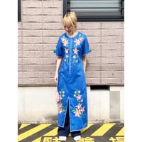 70s Blue embroidery dress【01493】