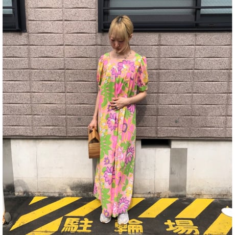 70s Pink floral maxi dress【01496】