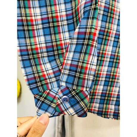 70s Blue plaid brouse【00896】