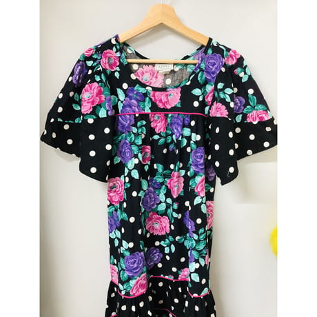 80s Floral and Dot dress【00734】
