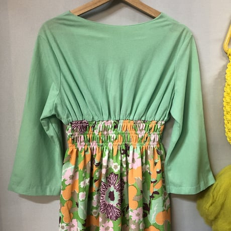 70s Green and floral maxi dress【01229】