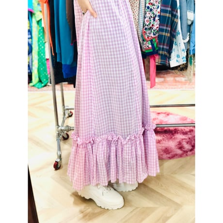 70s Purple gingham maxi dress with bonnet【00926】