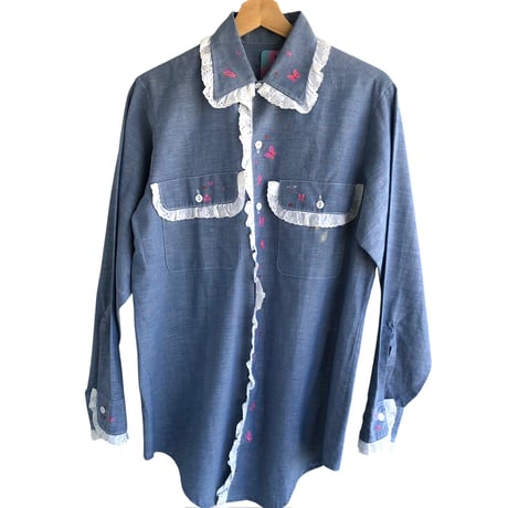 70s Butterfly paint chambray shirt【01292】