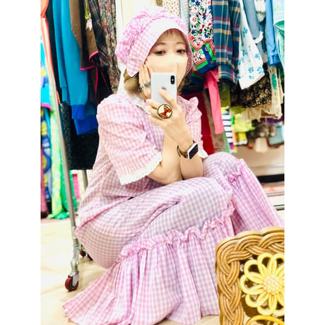 70s Purple gingham maxi dress with bonnet【00926】