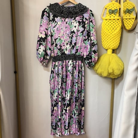 80s Floral ruffle dress 【01216】