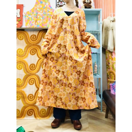 Vintage orange floral maxi dress【01217】