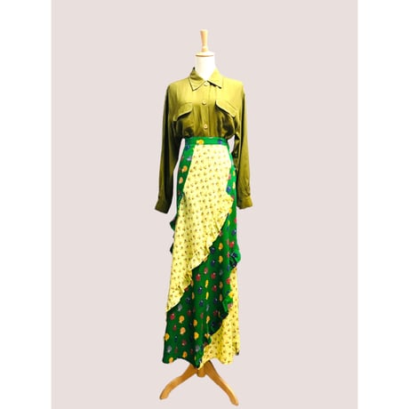 80s Green rayon blouse【00427】