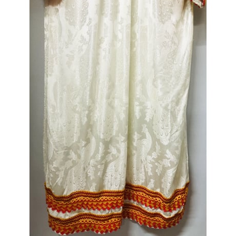 70s white satin floral dress【00889】