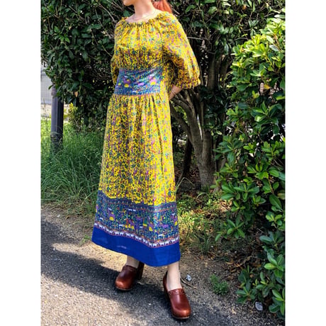 70s Yellow gauze dress【00327】