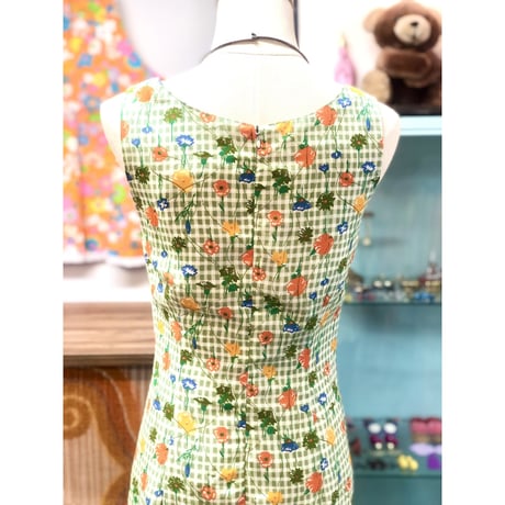 Vintage gingham×floral sleeveless dress【01202】