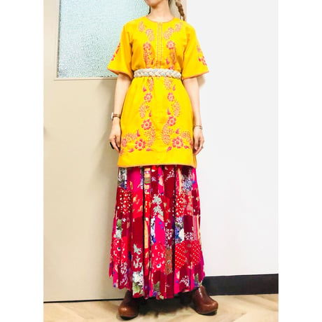 Yellow embroidered midi dress【00716】