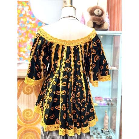Vintage Black×Orange african batik tunic【01189】