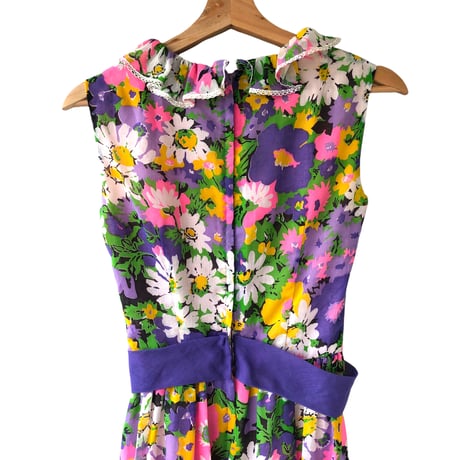 70s Purple floral sleeveless maxi dress【01313】