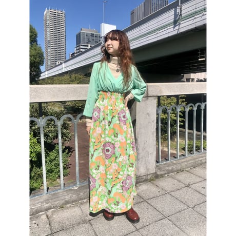 70s Green and floral maxi dress【01229】