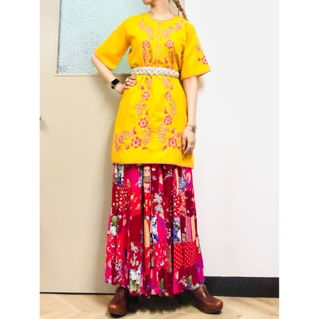 Yellow embroidered midi dress【00716】