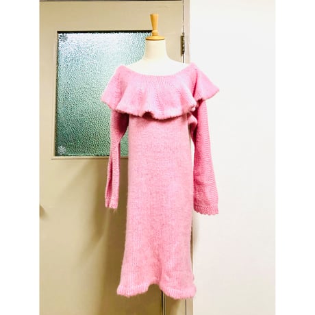 80s Knit pink dress【00589】
