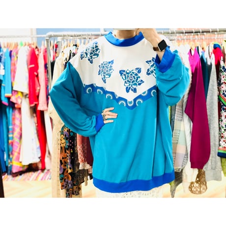 90s White Blue Floral Sweatshirt 【00788】