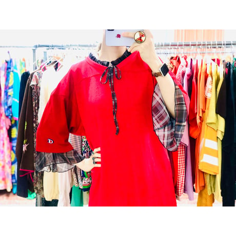 Brown plaid flare sleeve top【00899】