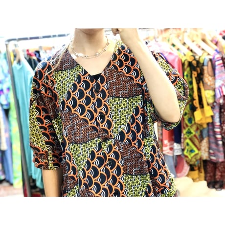 Orange×Yellow African batik dress【01188】