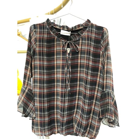 Brown plaid flare sleeve top【00899】