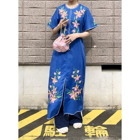 70s Blue embroidery dress【01493】
