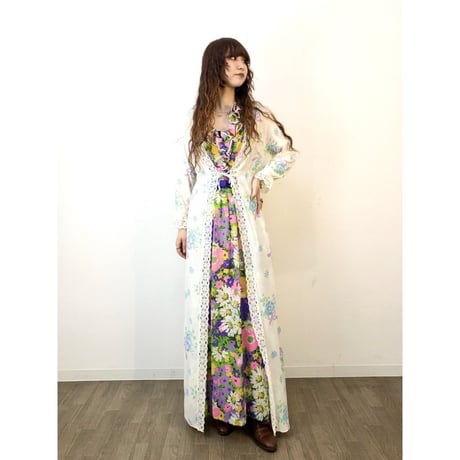 70s Purple floral sleeveless maxi dress【01313】
