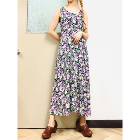 Vintage floral sleeveless long dress【00958】