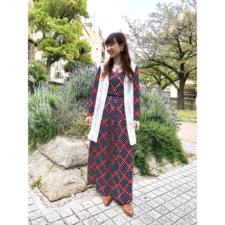 70s Dot & Floral maxi dress【01102】