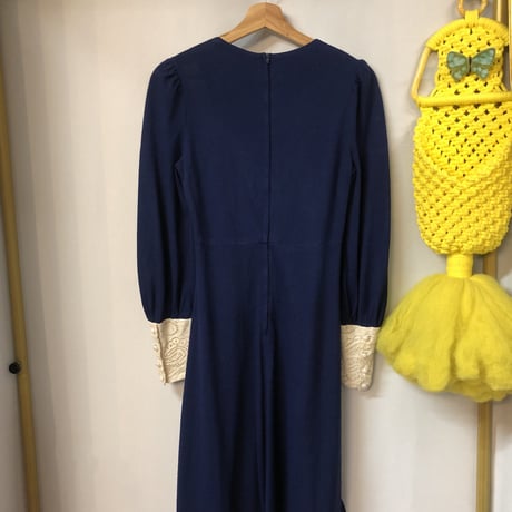 70s Navy prairie maxi dress【01224】