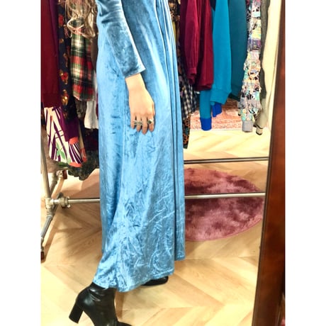 70s Blue velor maxi dress【01056】