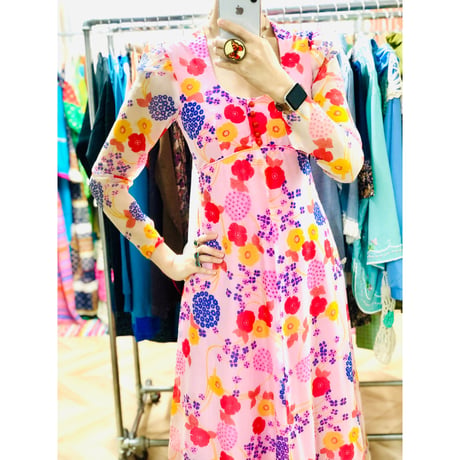 70s Hawaiian sheer maxi dress【00830】