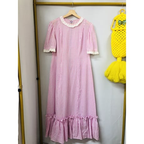 70s Purple gingham maxi dress with bonnet【00926】