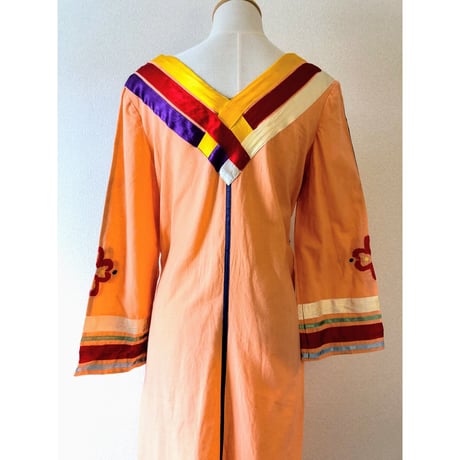 70s Cotton orange maxi dress【00282】