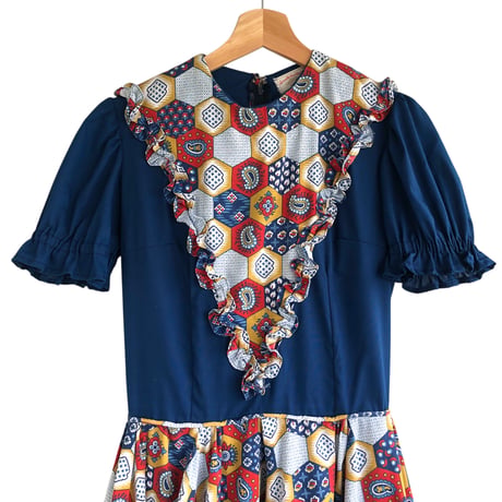 70s Navy patchwork printed midi dress【01316】