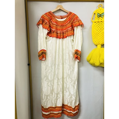 70s white satin floral dress【00889】