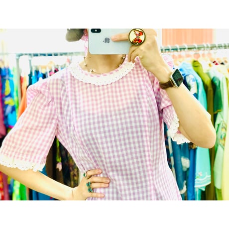70s Purple gingham maxi dress with bonnet【00926】
