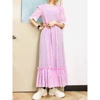 70s Purple gingham maxi dress with bonnet【00926】