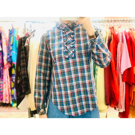 70s Blue plaid brouse【00896】