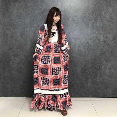 70s Bandana hippie maxi dress【01465】