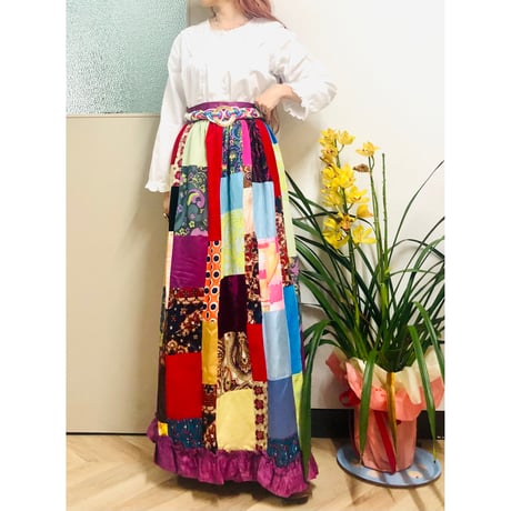 60s Handmade patchwork maxi skirt【00468】