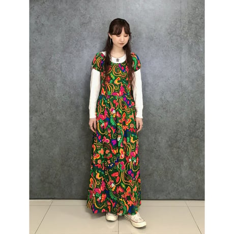 70s Butterfly and Flower dress【01448】
