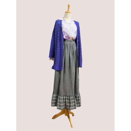 70s Black gingham maxi skirt【00598】