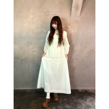 70s Pale green lace maxi dress【01300】