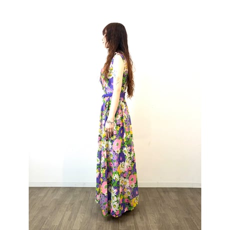 70s Purple floral sleeveless maxi dress【01313】