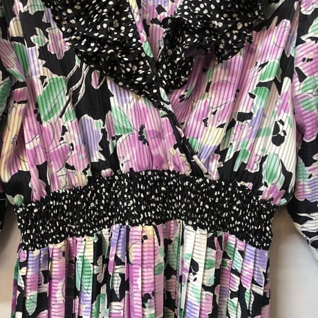 80s Floral ruffle dress 【01216】