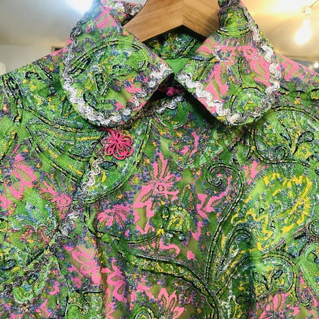 60s Green lace china dress【01214】